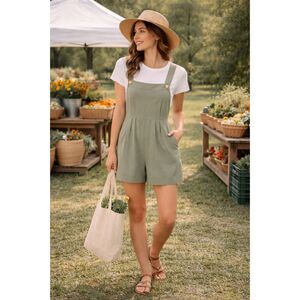 Emery Rose Sage Pinafore short Jumpsuit  | Cottagecore Wide Leg Suspender Romper